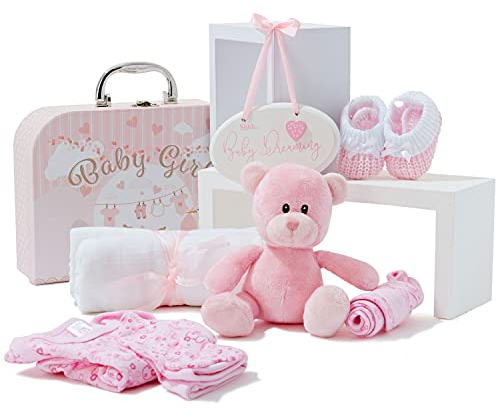 Baby Box Shop Baby Shower Geschenk - 9 Baby Essentials für Neugeborene - Geschenkset Baby Mädchen, Geschenk Für Neugeborene Mädchen - Baby Geschenk Mädchen - Newborn Baby Girl Gift Set - Rosa