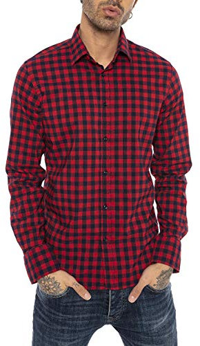 Camisa clásica a Cuadros Manga Larga de algodón para Hombre Rojo M