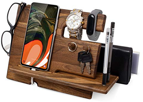 Handy-Dockingstation aus natürlichem Walnussholz Geldbörse Ständer Uhren-Organizer für Herren Geschenk Ehemann Ehefrau Jahrestag Vater Geburtstag Nachttisch Geldbörse Vater Abschluss Mann
