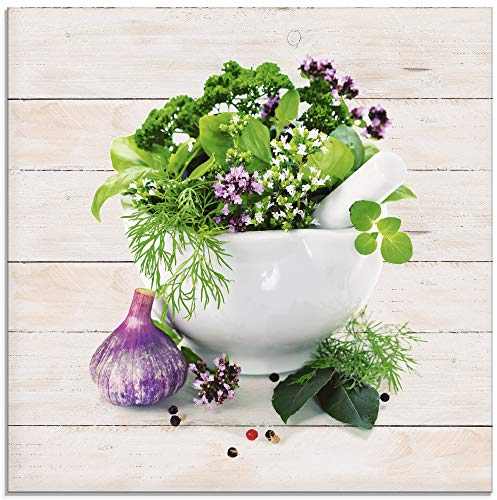 ARTland Wanddeko Glasbilder Wandbild Glas Bild einteilig 50x50 cm Quadratisch Stillleben Kräuter Gewürze Küche Mediterran Holzoptik T5NH