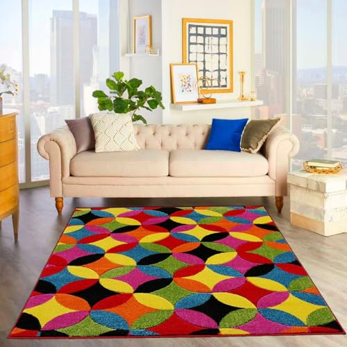 Multicoloured Large Rugs for Living Room Soft Thick Colorful Bedroom Rug Geometric Design Door & Floor Mat (Circles Bright, 80 x 150 cm (2' 6 x 5))
