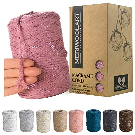 MeriWoolArt® Makramee Garn Pflaume - Makramee Garn 3mm farbig 200m - Super weiches Garn, einfach gedrehte Makramee Schnur - Öko-Tex 96% recyceltes Baumwollgarn farbig - DIY Boho Deko Makramee