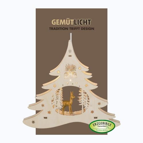 weigla - Fensterbild original Erzgebirge Tannenbaum mit geschnitztem Reh I Weihnachtsdeko Fenster I 1 Lampe I 7 W, E14 I Fensterbild Weihnachten I Weihnachtsbeleuchtung Holz I Fensterdeko hängend