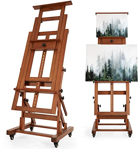 VISWIN Extragroße Master Staffelei Holz Groß für 1&2 Leinwände, Neigbar Buchenholz Staffelei Groß mit Rädern, Schwerlast Verstellbarer Atelierstaffelei für Malen, Künstler, Erwachsene