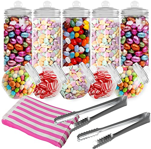 HEFTMAN Lot de 10 Bonbonnière Plastique - Pots Vides de Style Victorien Vintage avec Couvercles, Kit de Bocal a Bonbon Retro Pour Fêtes avec 2 Pinces et 50 Sacs en Papier à Rayures Roses