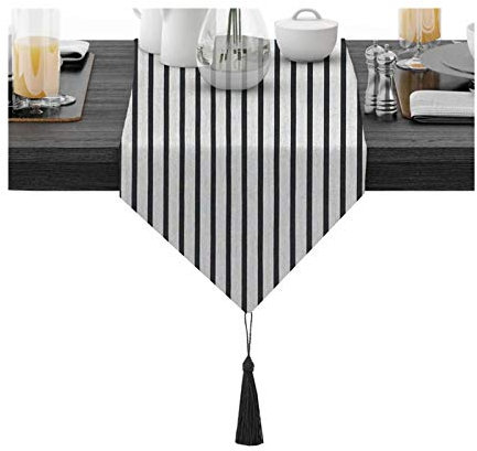 EHOMERY Tischdecken Läufer Petrol, Tischläufer Boho Schwarz-Weiss Streifen Tischläufer Cotton 30x100CM