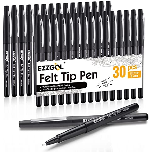 Ezzgol Black Felt Tip Pens, 30 Pack, 0.7mm Premium Medium Fine Point, Felt Tip Markers For Writing, Journal, Planner Coloring, Note Taking, Drawing, Art, School