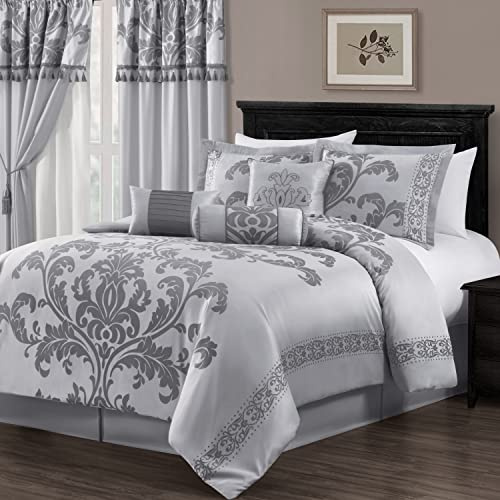 Chezmoi Collection Royale 7-Piece Comforter Set, Polyester, Silver/Gray, King
