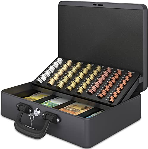ACROPAQ Geldkassette - Abschließbar, Mit Münzzählbrett, Extra Groß, 35,8 x 27,3 x 11 cm, Mit 2 Schlüsseln, Premium Gehäuse - Geldkasse, Haushaltskasse - Grau