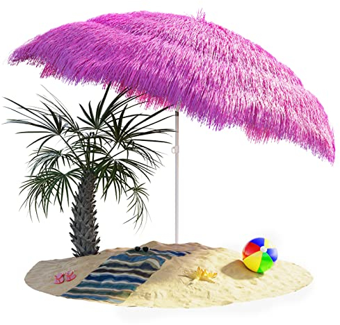 Kingsleeve Sombrilla de Playa Jardín Ø 160cm Protección UV30+ Hawaii Parasol Exterior Inclinable Rafia Hawaiano Rosa Fucsia