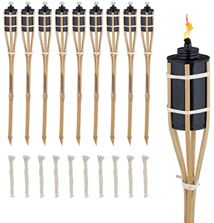 Relaxdays Gartenfackeln für draußen, 10er Set, 60 cm, Bambusfackeln Gartenparty Deko, Ölfackeln mit Ersatzdocht, Natur