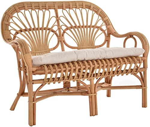 Krines Home Retro Rattanbank 50er / 60er Jahre-Stil Wintergarten 2er Küchenbank Zweisitzer Natur Rattan Bank Sofa Wintergartenbank (Creme)
