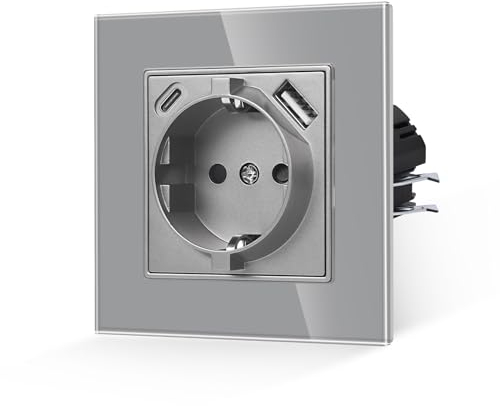 JIMEIDA Einzelsteckdose mit USB 2.1A in Grau,16Amp Glas Steckdosen mit USB A und Typ C Port,Unterputz Wandsteckdose-86 * 86mm,250V
