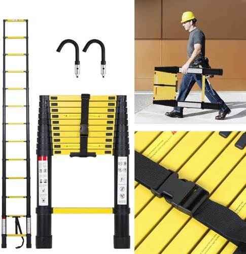 Eulenke 3,2M Teleskopleiter - Rutschfester Aluminium Multifunktionsleiter mit 2 Haken - Ausziehleiter 150 kg Belastbarkeit - Aluleiter Haushaltsleiter - Leicht Trittleiter - Klappleiter Schwarz Gelb