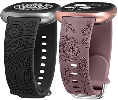 TOYOUTHS 2 Stück Floral Gravierte Armband kompatibel mit Fitbit Versa 4/Versa 3/Sense 2/Sense Armband, Sport Solo Loop Silikon Boho Henna/Löwenzahn Blume Cute Versa 4 Armbänder, Schwarz/Rauch Violett