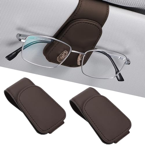 Kytpyi Brillenhalter für Auto, Sonnenbrillenhalterung Auto, 2 Stücke Magnetische Leder Brillenhalterung Auto für Auto Sonnenblende, Kratzfestes Feines Brillenetui Auto für Brille Karte Ticket(Braun)