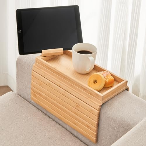 GEHE Bambus-Sofa-Armtablett, Coucharm-Tablett mit 360° drehbarem Telefonhalter, faltbares Sofa-Armlehnentablett Clip auf Beistelltisch-Tablett, Couch-Arm-Tisch rutschfest, Couch-Becherhalter für