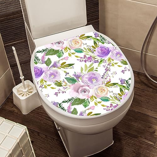 Winhappyhome Toilet Seat Cover Sticker Toilet Lid Decal Bathroom Decorative Stickers (Fresh Purple Flowers)