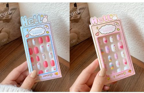 FASHION YO 48Pcs 2 Pack Children Acrylic Fake Nails Press on Pre-glue Full Cover Glitter Color Rainbow Unicorn Mermaid Kids Stick On False Nail Art Kits Set Girls Birthday Gift (Set05)