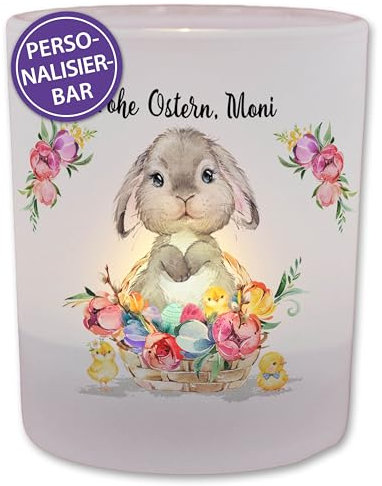 FEENSTAUB Windlicht Glas Ostern, Osterdeko, Dekoration Windlicht, Osterdeko Hase, Geschenk zu Ostern, Deko Frühling, Mitbringsel Osterfest, personalisierbares Ostergeschenk, Osterkörbchen
