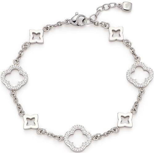 JEWELS BY LEONARDO Armband Norma • Arm-Kette aus silberfarbenem Edelstahl • Kleeblatt-Elemente besetzt mit Zirkonia-Steinchen • 18-20 cm Länge • Schmuck Geschenk • 023527