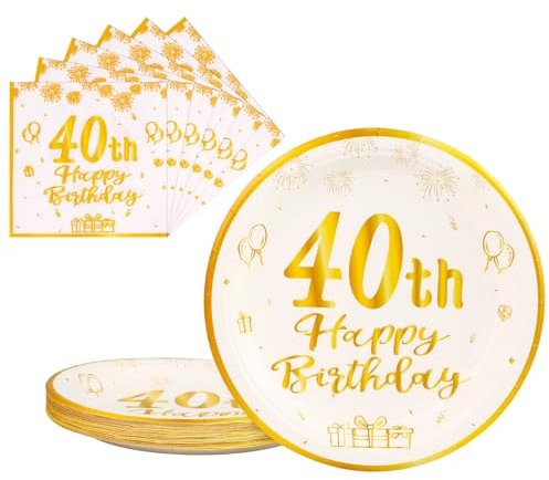 AHPYEUHK 40th Paper Party Plates and Napkins 50pcs 9 White Birthday Dessert Tableware Happy Birthday Decorations Party Supplies