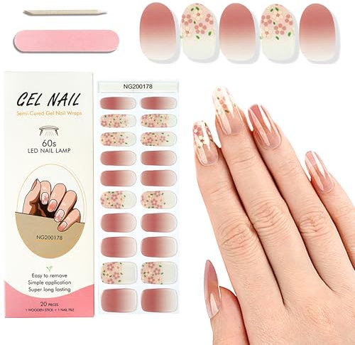 MrCuvaryas 20Stk Gel Nagellack Aufkleber, UV Gel Nagelfolie für Hände, Full Wraps Nagelaufkleber LED-Lampe Erforderlich Cured Gel Nail Strips mit Nagelfeile und Stick für Frauen (Pink, 24x)