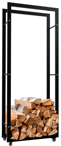 CLP Kaminholzständer Keri mit Rollen I Kaminholzregal aus schwarzem Metall I Aufbewahrung für Brennholz, Farbe:schwarz, Größe:25x60x150 cm