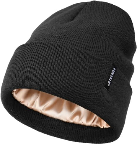 FURTALK Damen Winter Warm Satin Gefüttert Beanie Mütze Seidenfutter Strickmütze Unisex Gestrickt Wintermütze Schwarz