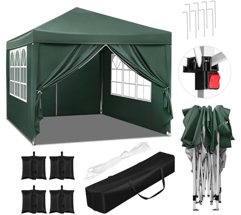 WOLTU Tonnelle de Jardin avec 4 Sacs de Sable Tente Pliante Auvent Pliable Imperméable Protection du Soleil UV 50+ avec Un Chiffon Sac de Transport Inclus Hauteur Réglable 3x3m Vert