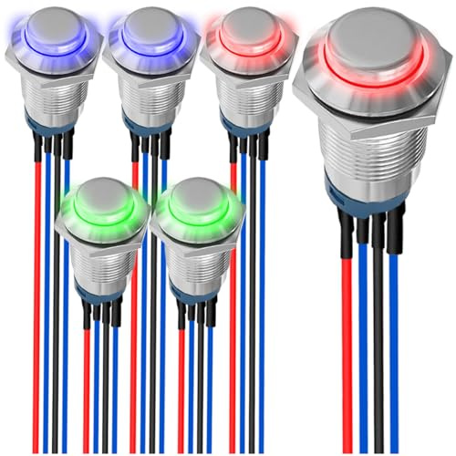 MKBKLLJY 6St. 12mm Momentan-LED-Taster rot/blau/grün mit Silbergehäuse DC 12V 3A 4Pin 1NO SPST IP65 Wasserdichter runder Metallschalter Edelstahltaster mit Vorverdrahtung für Auto Marine Boot