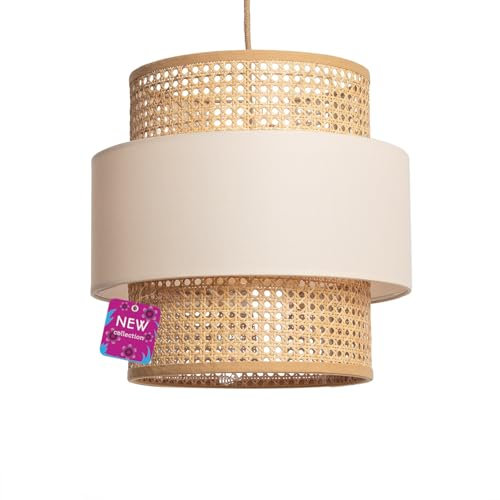 LEDKIA LIGHTING - Suspension Amaia en Rotin et Tissu | Pour Ampoules E27 | Éclairage Intérieur IP20 | Design Rustique et Bohème, Blanc Cassé