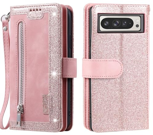 VEEMOS Custodia a portafoglio per Google Pixel 9 Pro XL custodia a libro in pelle protettiva con cavalletto slot per carte di credito tasca con cerniera - rosa