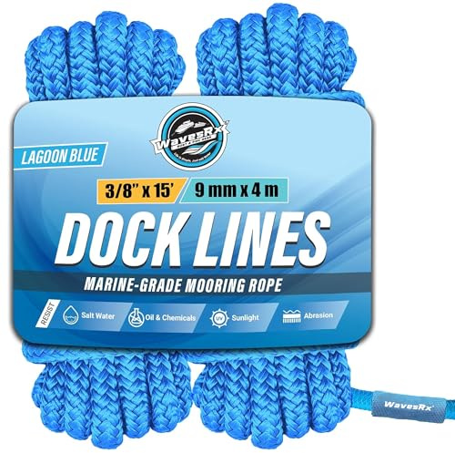 WAVESRX 3/8' x 15' (2PK) Premium Dock Lines for PWC, Sailboats & Pontoon - Double Braided Nylon Boat Ropes with Loop Marine Rope - UV & Saltwater Resistant Boat Dock Line