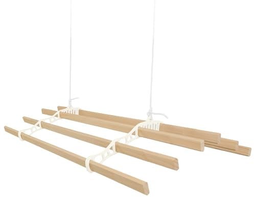 Tendedero de Techo con Sistema de Poleas en Marfil 6 Listones de Madera 0.9m | Capacidad de Peso 30 kg | Kit Fijación INCLUÍDO | Tendedero Colgante Secadora Estructura p/Colgar Secar Ropa Colgador