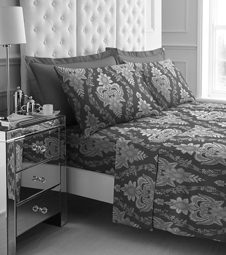 GC GAVENO CAVAILIA Damask Flannelette Fitted Sheets Set | Cozy Thermal Flannel Bedding Double Grey Sheet Set | 4Piece Include Brushed Cotton Flat Sheet, Fitted Sheet & Pillow Cases