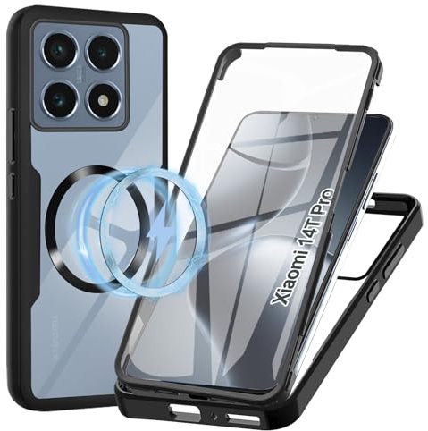 WeiCase Cover Magnetica per xiaomi 14t pro, Custodia Antiurto con Protezione dello Schermo Integrata, 360° Sottile Cover Transparente Silicone Custodia per xiaomi 14t pro 5g, Nero