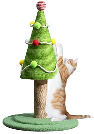 Djowyh Arbre de Noël griffoir pour chat, griffoir pour chat, grattoir de poteau avec motif de chat de dessin animé, outil de relaxation pour chat, décoration esthétique, jouet de fiançailles pour