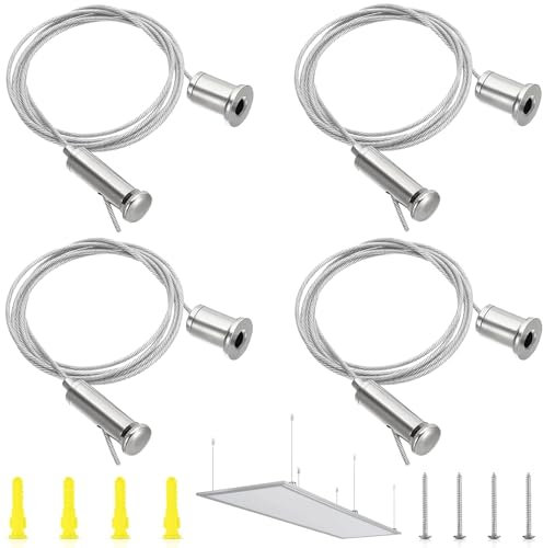 CONJURAIDE 4 Stück Seilaufhängung Einbauset, 1.5mm x 2m Drahtseil Stahlseil Seilspanngarnitur Verstellbare Lampenaufhängung Gardinenseil Edelstahl Seil Lampenhalterung für LED Panel Decke