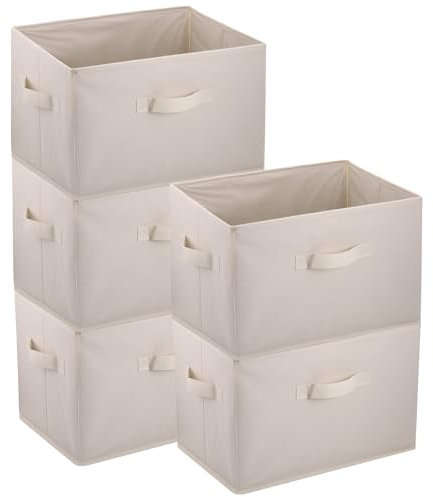 Hejo 5 Pcs Fabric Storage Boxes, 38×25×25cm Large Foldable Wardrobe Storage Organiser, Wardrobe Clothes Storage Boxes, Closet Organiser, Storage Baskets for Clothes Shirts Pants Underwear Toys(Beige)