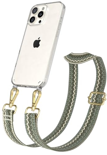EAZY CASE Handykette - Verstellbares Taschenband kompatibel mit iPhone 16 Pro Max, Schulterriemen, Handykordel mit Silikon Hülle, Umhängetasche, Grün Beige Gold