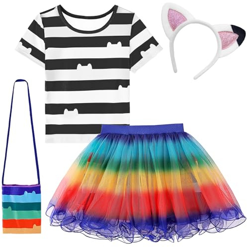 keaiyouhuo Regenbogen Tutu Kleid für Mädchen Halloween Geburtstag 3-8 Jahre | 4-teiliges Regenbogen-Kostüm für Mädchen: Kurzarm-Kleid mit Rundhalsausschnitt, Stirnband und Handtasche, 3–8 Jahre.