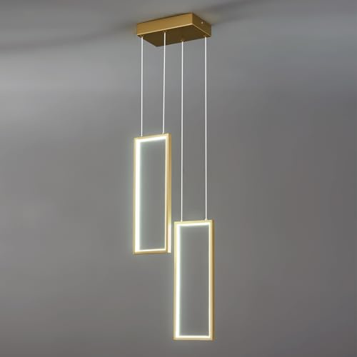 ZPBSJ Moderne Dimmbar Küche Pendelleuchten LED Gold Hängelampe 2 Ring Rechteckig Kronleuchter für Esszimmer Schlafzimmer Wohnzimmer Flur