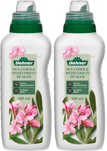 Dehner Oleander- und Mediterrandünger, hochwertiger Flüssigdünger, Dünger für Mediterranpflanzen, organischer NPK-Dünger, mit Spurennährstoffen, 500 ml, für ca. 75 l, bunt (Packung mit 2)