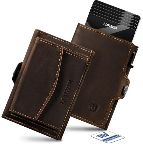 LORZOR Slim Wallet mit XXL-Münzfach für 10+ Münzen, Kartenetui Herren RFID Schutz, Echtleder Portmonee, Geldbörse Herren, Geldbeutel, Brieftasche, Smart Wallet, Kreditkartenetui für 10 Karten