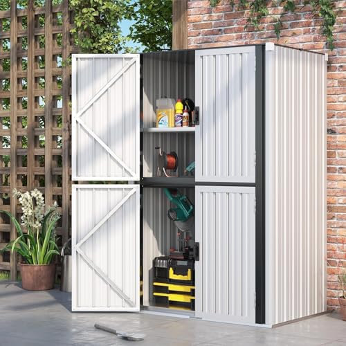 YODOLLA Gartenschrank mit verstellbaren Einlegeböden | Wetterfester Außenschrank | Metall-Garagenschrank| 118x76x178cm, Weiß