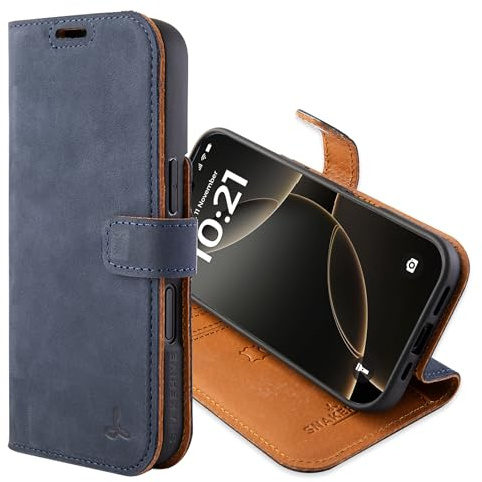 Snakehive Leather Wallet Case for iPhone 17 (Navy) | Genuine Leather Flip Cover with Card Slots & Stand
