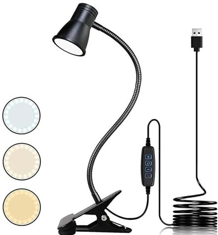 WIYETY Lampe de lecture LED à pince avec zoom : lampe à pince à intensité variable, lampe à col de cygne USB avec 3 modes de température de couleur, lampe à pince LED, table de chevet, pour chambre à