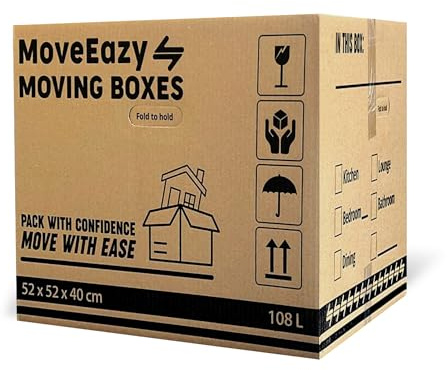 MoveEazy Cardboard Moving Boxes Large Box Strong House Packing Storage Removal with Carry Handles 52cm x 52cm x 40cm (108 Litres) (108L, Pack of 5)