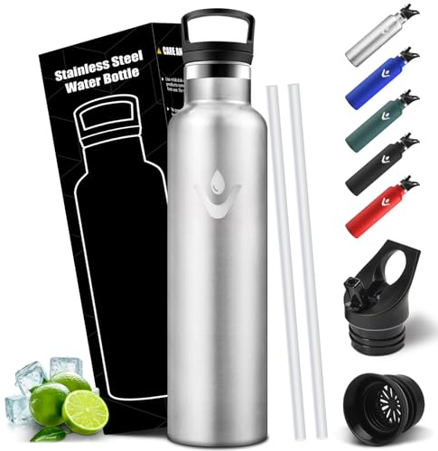 Mulbijeo Gourde Isotherme 1L, Étanche Double Paroi, Bouteille Isotherme, Sans BPA, Gourde Avec Paille, 18/8 Acier Inoxydable, Réutilisable, Bouteille d'eau pour Randonnée, Bureau, Yoga, Sport